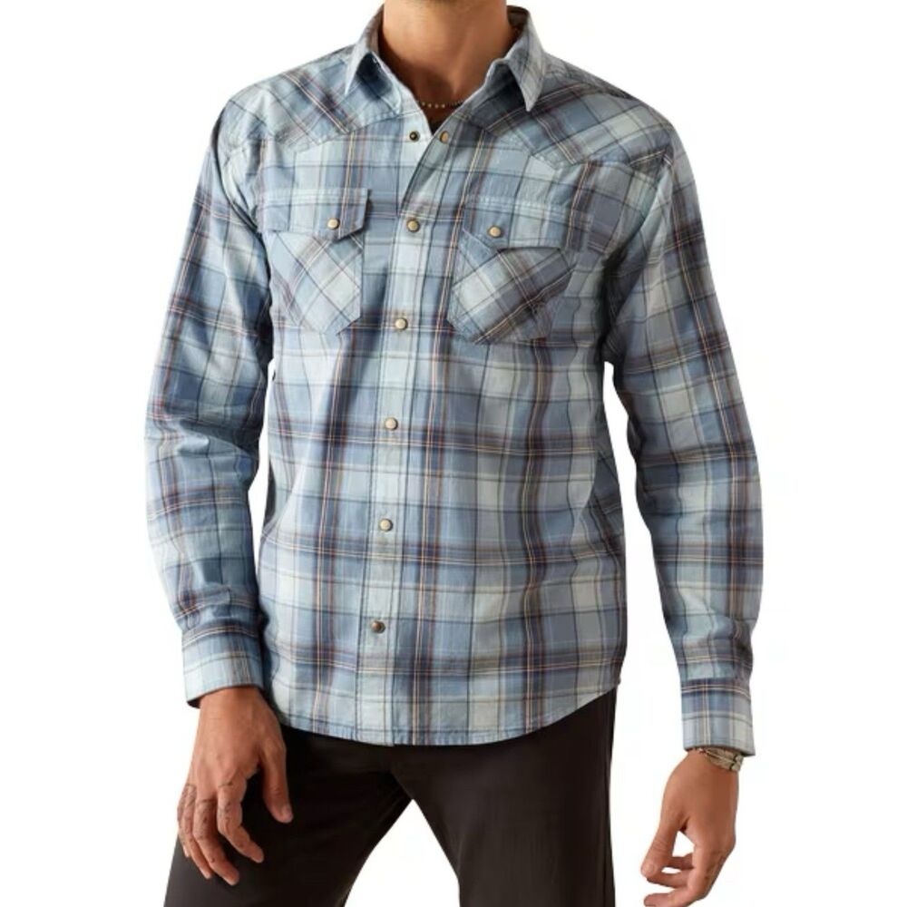 Ariat Men's Shirt XL Pearl Snap Retro Hunter Blue Plaid Pockets Yoke 48" Chest